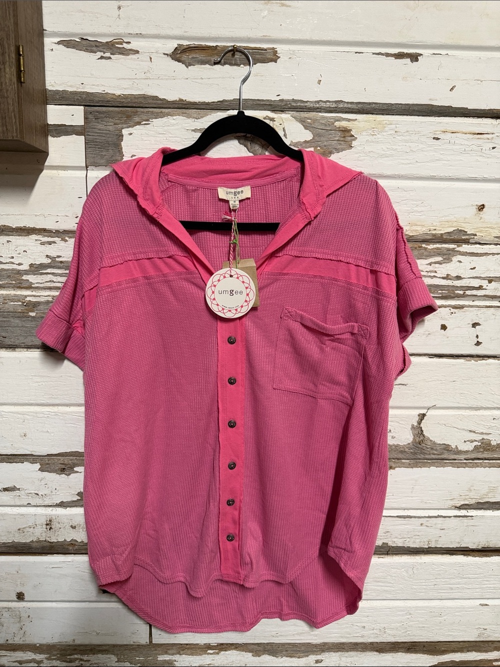 Umgee Hot Pink Short-Sleeve Button Hoodie Shirt